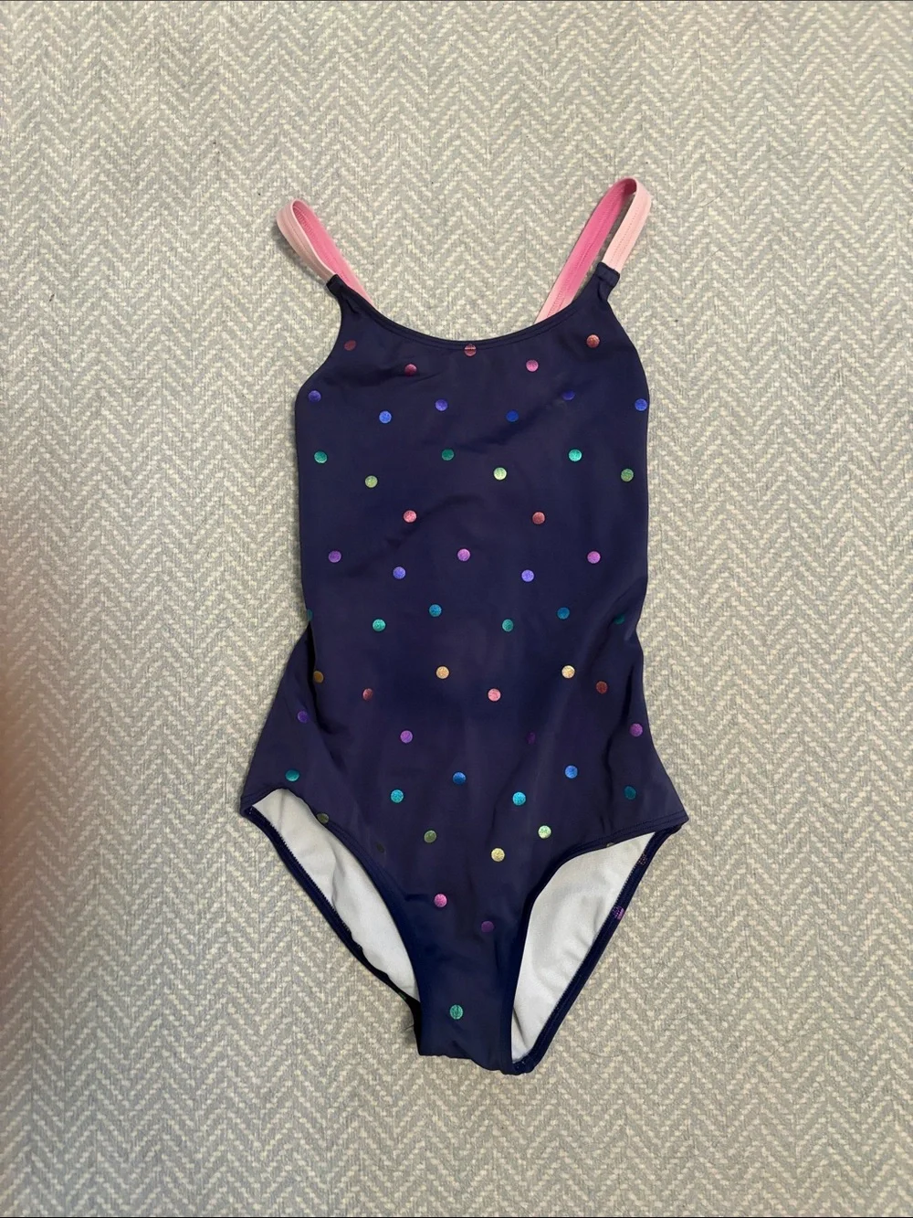 Mini Boden Navy One-Piece Swimsuit with Pink Straps and Multicolor Dots
